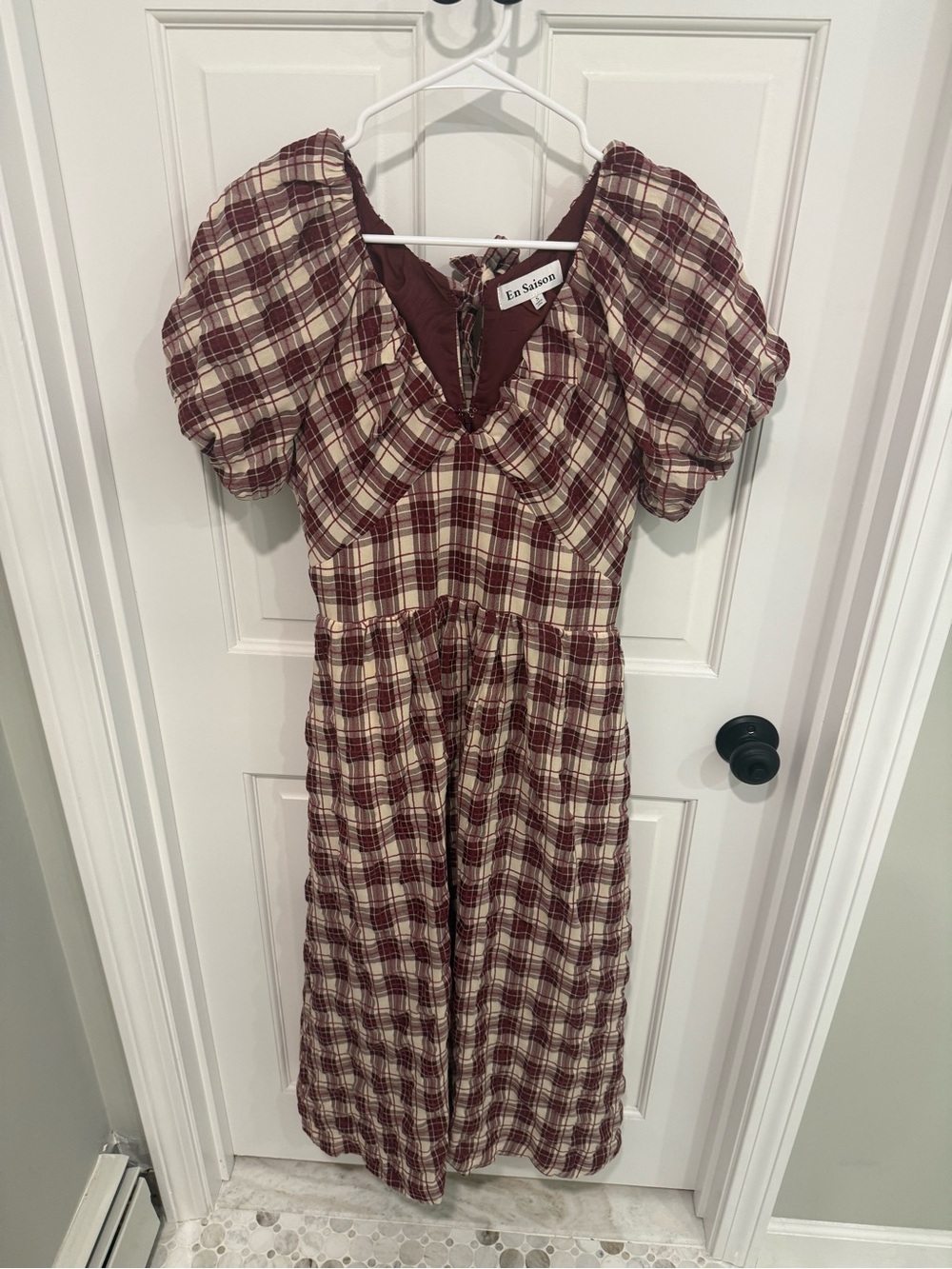 En Saison Burgundy and Cream Plaid Midi Dress with Puff Sleeves and V-Neck